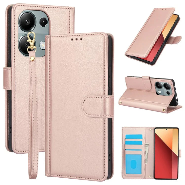 SY-003 For Xiaomi Poco M6 Pro 4G / Redmi Note 13 Pro 4G Case PU Leather Stand View Phone Wallet Cover with Hand Strap