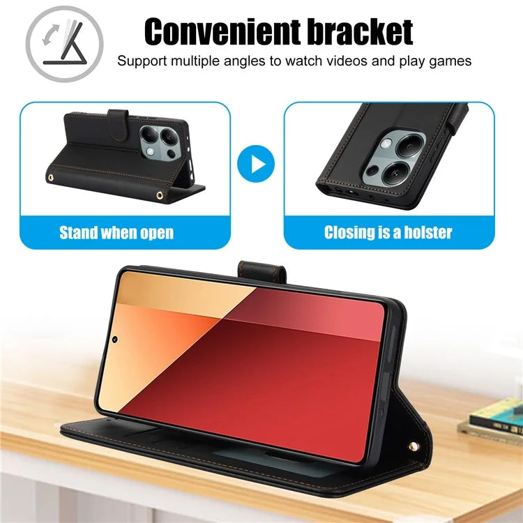 SY-003 For Xiaomi Redmi Note 13 4G Case PU Leather Stand View Phone Wallet Cover with Hand Strap