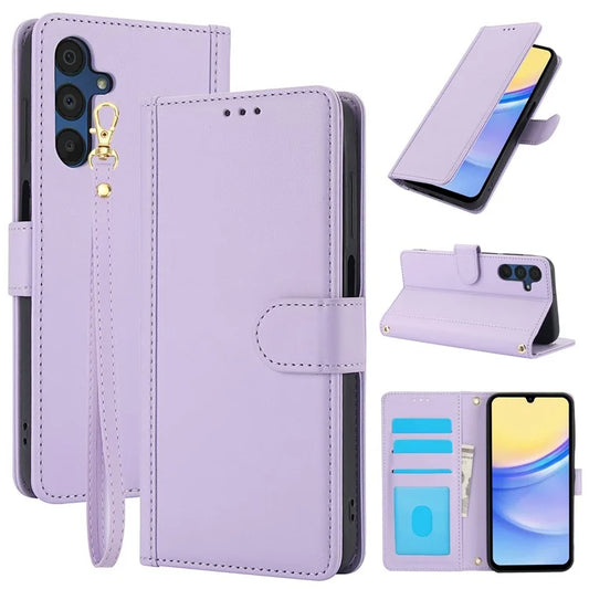 SY-003 For Samsung Galaxy A15 4G / 5G Case PU Leather Stand View Phone Wallet Cover with Hand Strap