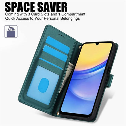 SY-003 For Samsung Galaxy A15 4G / 5G Case PU Leather Stand View Phone Wallet Cover with Hand Strap