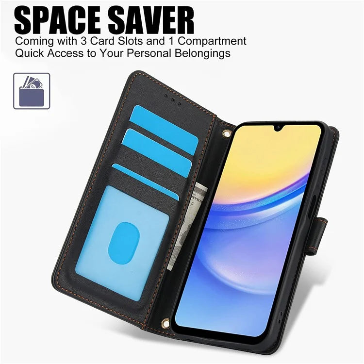 SY-003 For Samsung Galaxy A15 4G / 5G Case PU Leather Stand View Phone Wallet Cover with Hand Strap