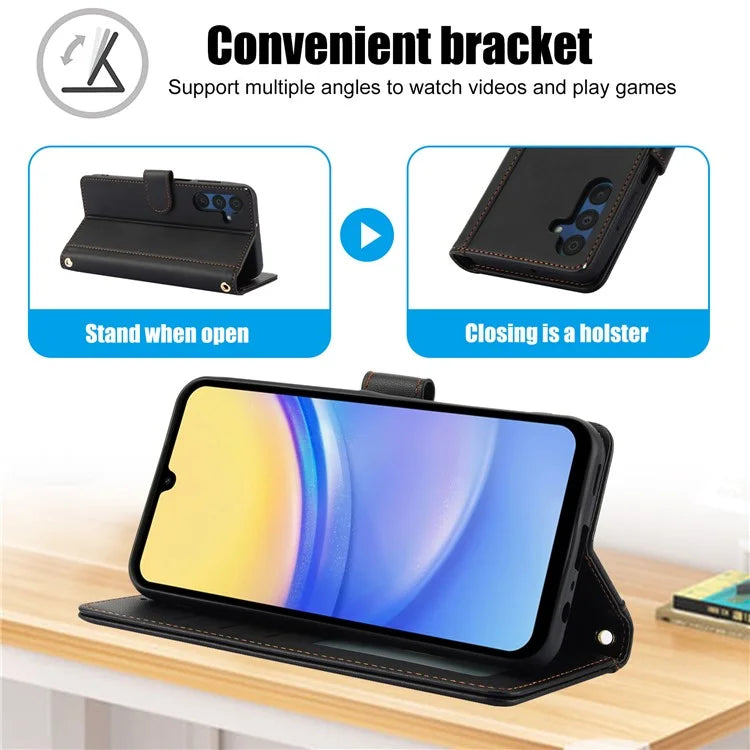 SY-003 For Samsung Galaxy A15 4G / 5G Case PU Leather Stand View Phone Wallet Cover with Hand Strap