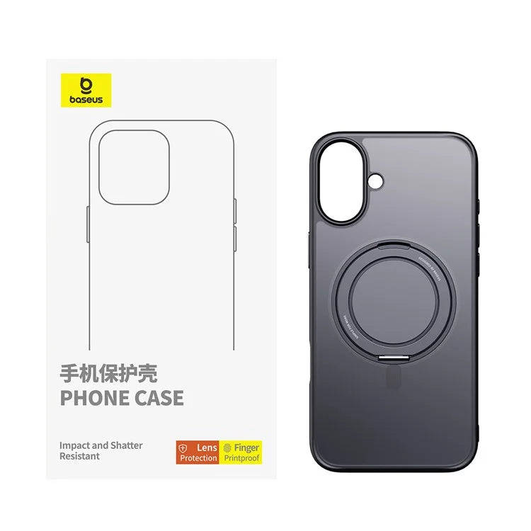 BASEUS Smart Ring Series For iPhone 16 Case Compatible with MagSafe PC+TPU Phone Cover with Kickstand - Black