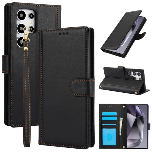 SY-003 For Samsung Galaxy S24 Ultra Case PU Leather Stand View Phone Wallet Cover with Hand Strap