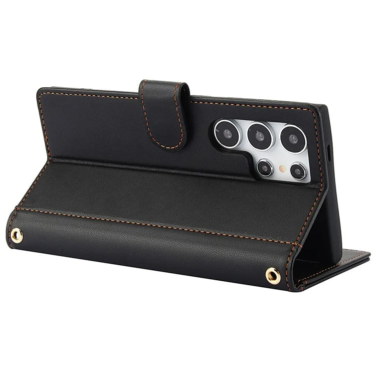 SY-003 For Samsung Galaxy S24 Ultra Case PU Leather Stand View Phone Wallet Cover with Hand Strap
