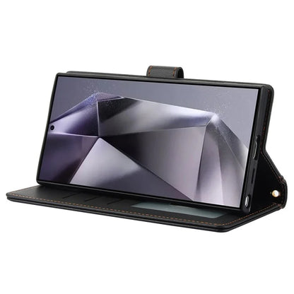 SY-003 For Samsung Galaxy S24 Ultra Case PU Leather Stand View Phone Wallet Cover with Hand Strap