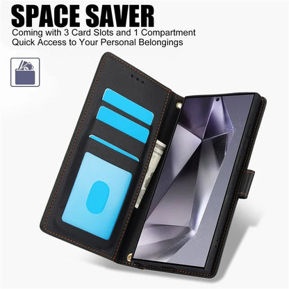 SY-003 For Samsung Galaxy S24 Ultra Case PU Leather Stand View Phone Wallet Cover with Hand Strap