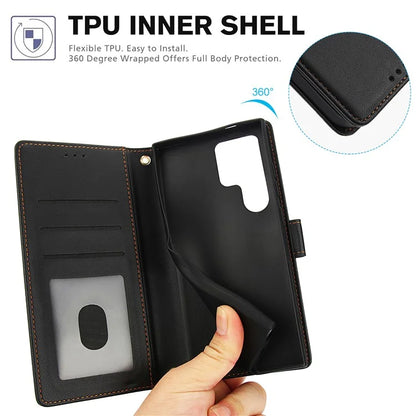 SY-003 For Samsung Galaxy S24 Ultra Case PU Leather Stand View Phone Wallet Cover with Hand Strap