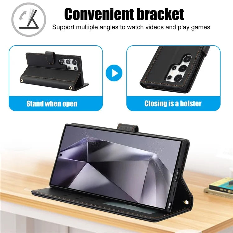 SY-003 For Samsung Galaxy S24 Ultra Case PU Leather Stand View Phone Wallet Cover with Hand Strap