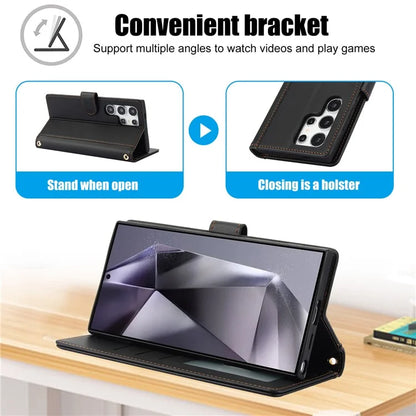 SY-003 For Samsung Galaxy S24 Ultra Case PU Leather Stand View Phone Wallet Cover with Hand Strap