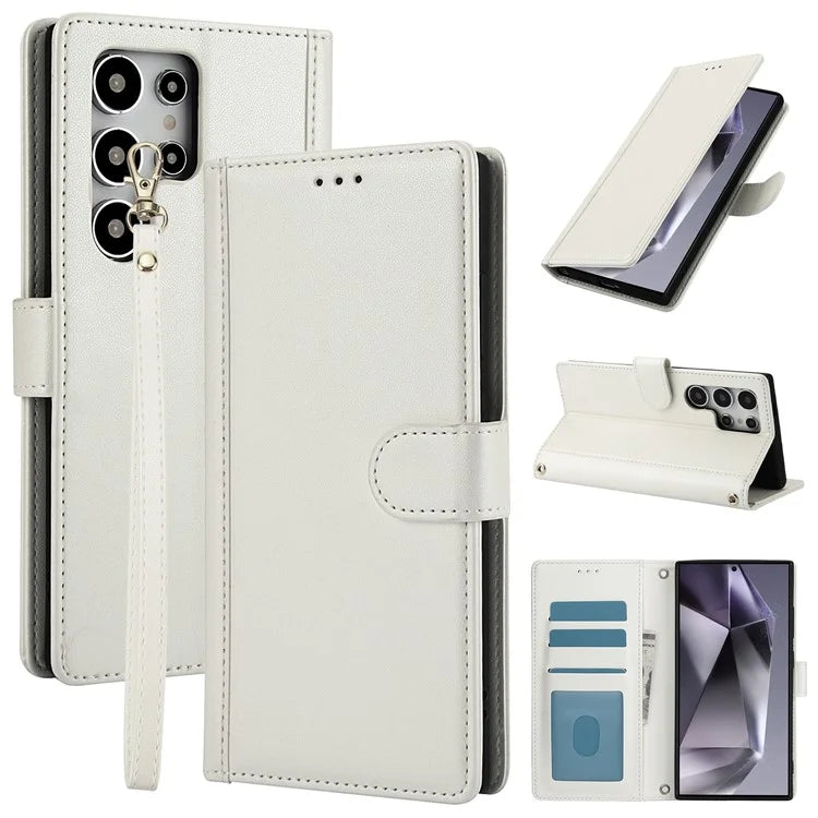 SY-003 For Samsung Galaxy S24 Ultra Case PU Leather Stand View Phone Wallet Cover with Hand Strap