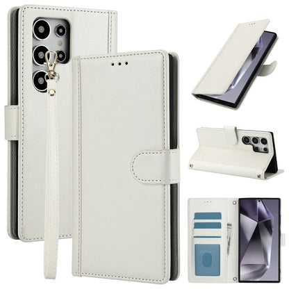 SY-003 For Samsung Galaxy S24 Ultra Case PU Leather Stand View Phone Wallet Cover with Hand Strap