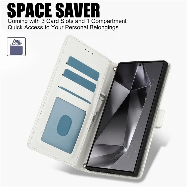 SY-003 For Samsung Galaxy S24 Ultra Case PU Leather Stand View Phone Wallet Cover with Hand Strap