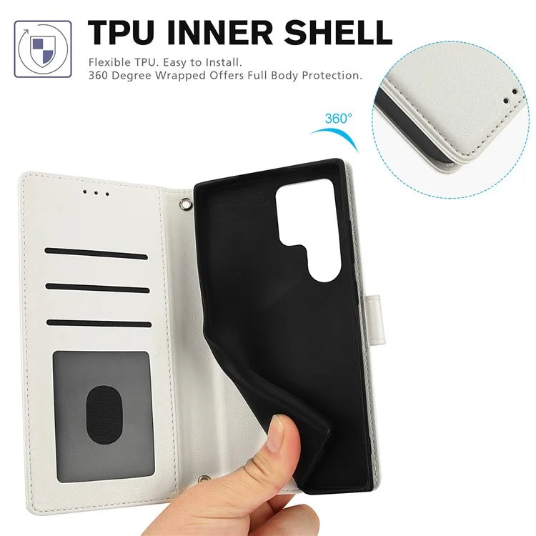 SY-003 For Samsung Galaxy S24 Ultra Case PU Leather Stand View Phone Wallet Cover with Hand Strap