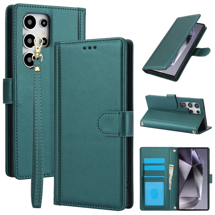 SY-003 For Samsung Galaxy S24 Ultra Case PU Leather Stand View Phone Wallet Cover with Hand Strap
