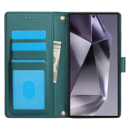 SY-003 For Samsung Galaxy S24 Ultra Case PU Leather Stand View Phone Wallet Cover with Hand Strap