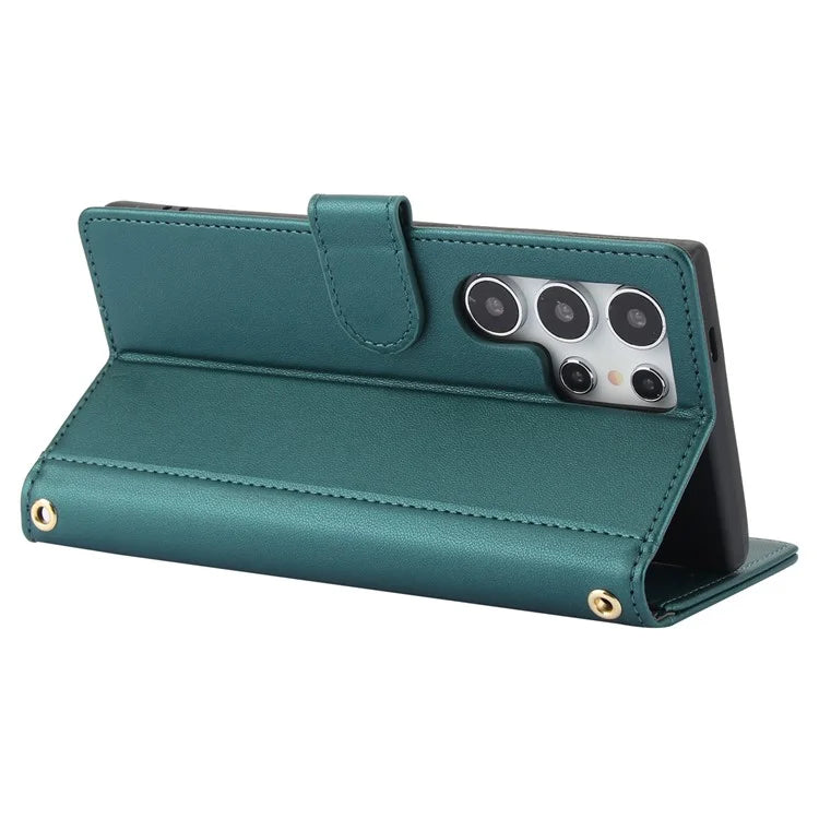 SY-003 For Samsung Galaxy S24 Ultra Case PU Leather Stand View Phone Wallet Cover with Hand Strap