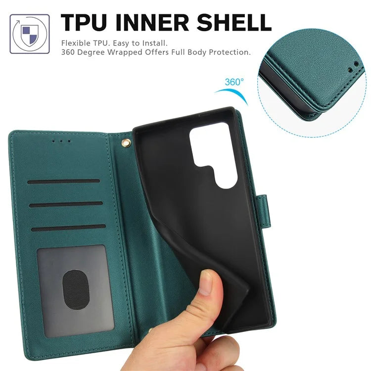 SY-003 For Samsung Galaxy S24 Ultra Case PU Leather Stand View Phone Wallet Cover with Hand Strap