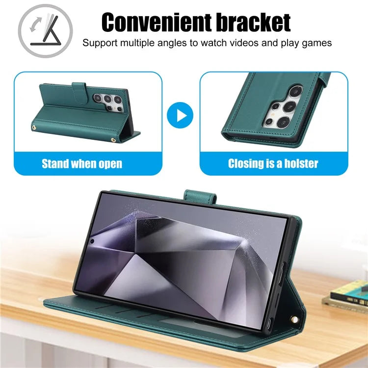 SY-003 For Samsung Galaxy S24 Ultra Case PU Leather Stand View Phone Wallet Cover with Hand Strap