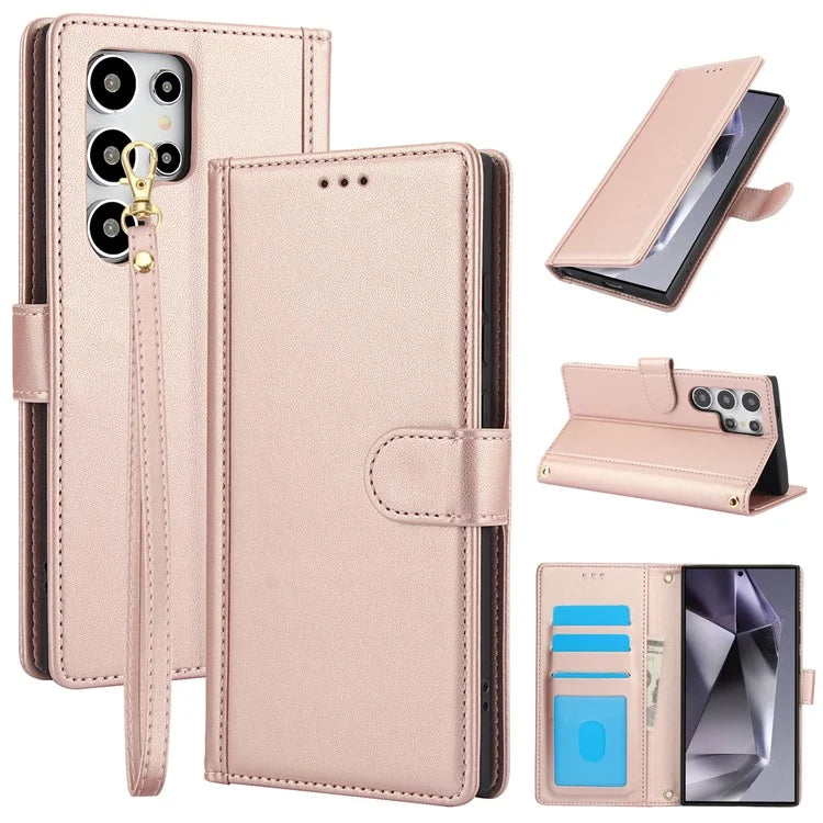 SY-003 For Samsung Galaxy S24 Ultra Case PU Leather Stand View Phone Wallet Cover with Hand Strap