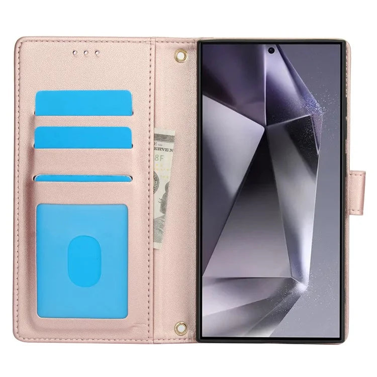 SY-003 For Samsung Galaxy S24 Ultra Case PU Leather Stand View Phone Wallet Cover with Hand Strap