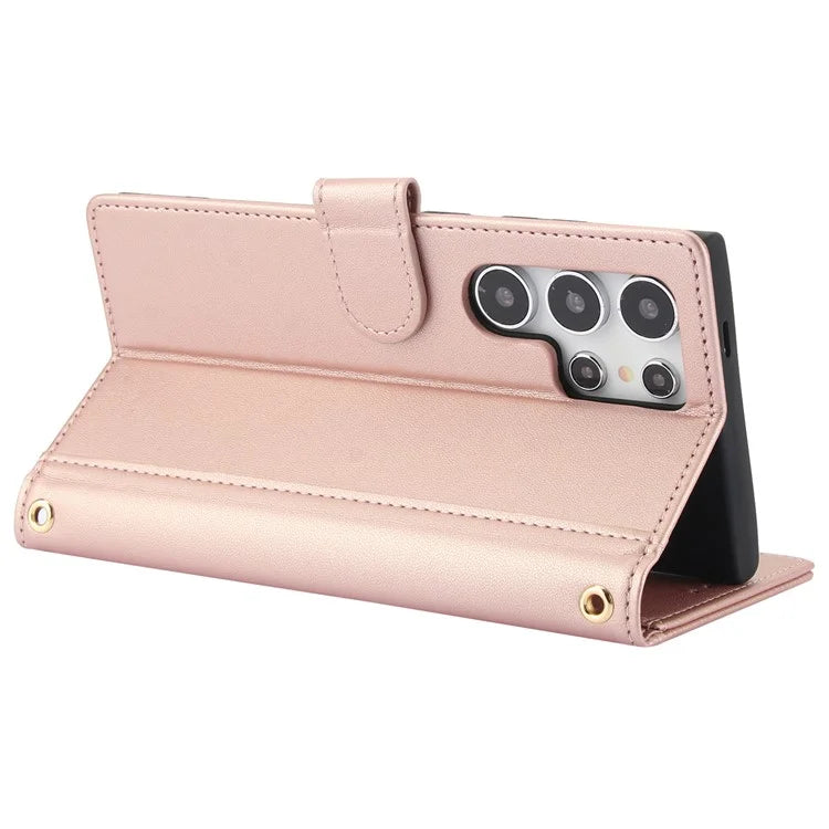 SY-003 For Samsung Galaxy S24 Ultra Case PU Leather Stand View Phone Wallet Cover with Hand Strap