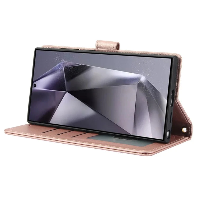 SY-003 For Samsung Galaxy S24 Ultra Case PU Leather Stand View Phone Wallet Cover with Hand Strap
