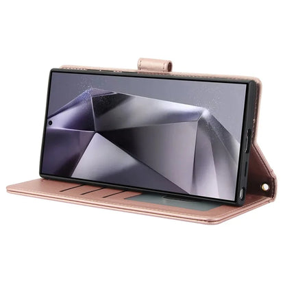 SY-003 For Samsung Galaxy S24 Ultra Case PU Leather Stand View Phone Wallet Cover with Hand Strap