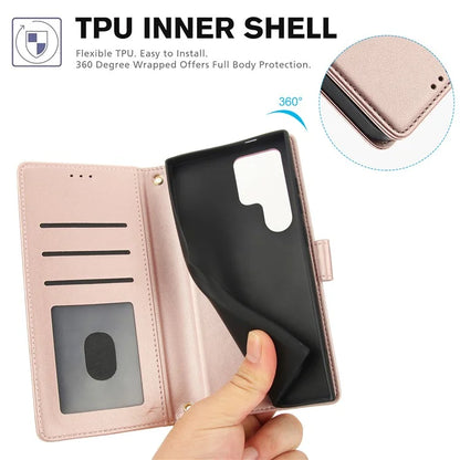 SY-003 For Samsung Galaxy S24 Ultra Case PU Leather Stand View Phone Wallet Cover with Hand Strap