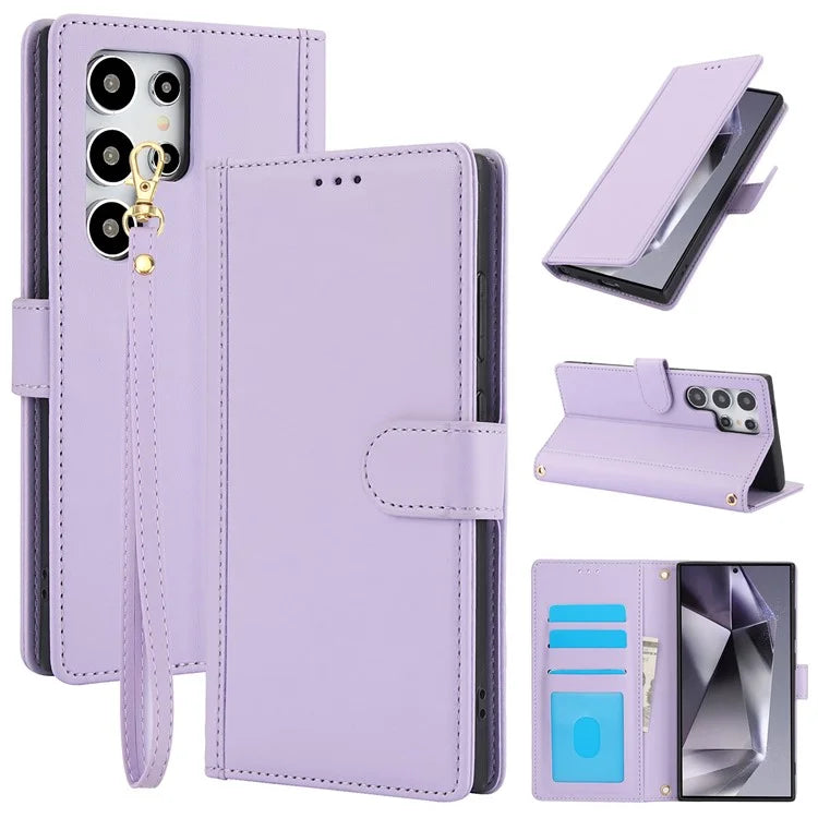 SY-003 For Samsung Galaxy S24 Ultra Case PU Leather Stand View Phone Wallet Cover with Hand Strap