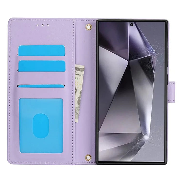 SY-003 For Samsung Galaxy S24 Ultra Case PU Leather Stand View Phone Wallet Cover with Hand Strap