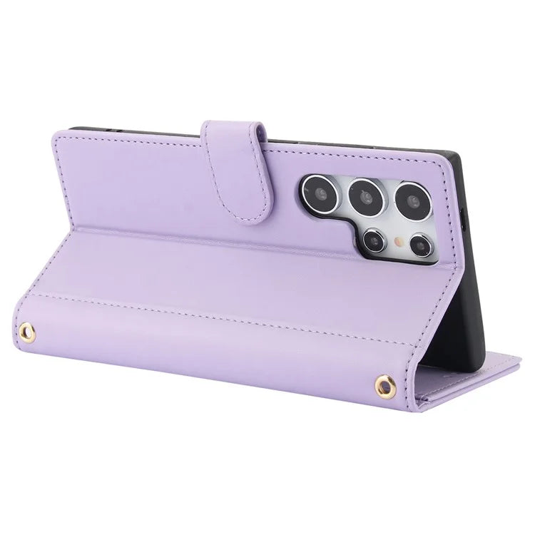 SY-003 For Samsung Galaxy S24 Ultra Case PU Leather Stand View Phone Wallet Cover with Hand Strap