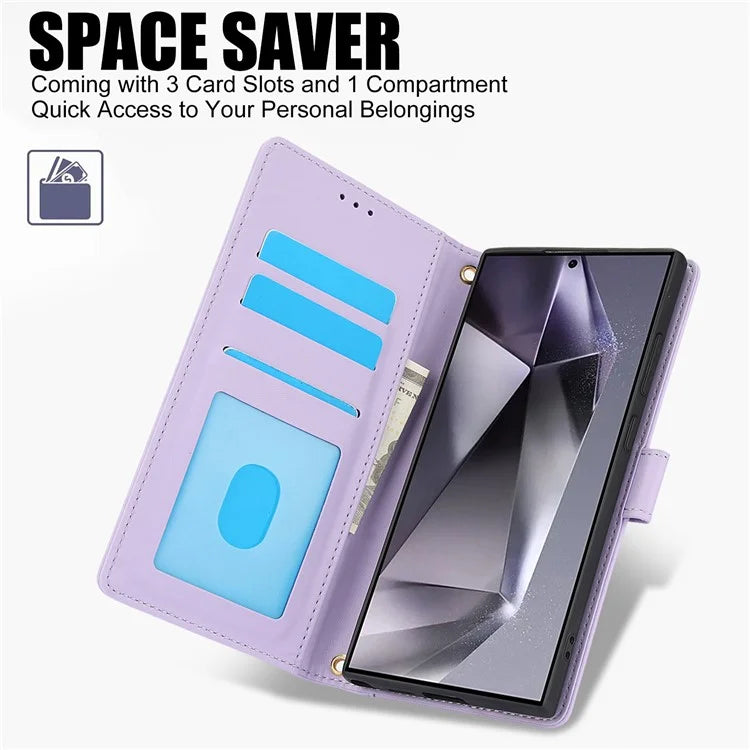 SY-003 For Samsung Galaxy S24 Ultra Case PU Leather Stand View Phone Wallet Cover with Hand Strap