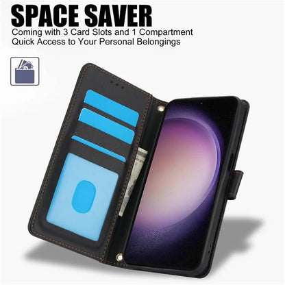 SY-003 For Samsung Galaxy S24+ Case PU Leather Stand View Phone Wallet Cover with Hand Strap