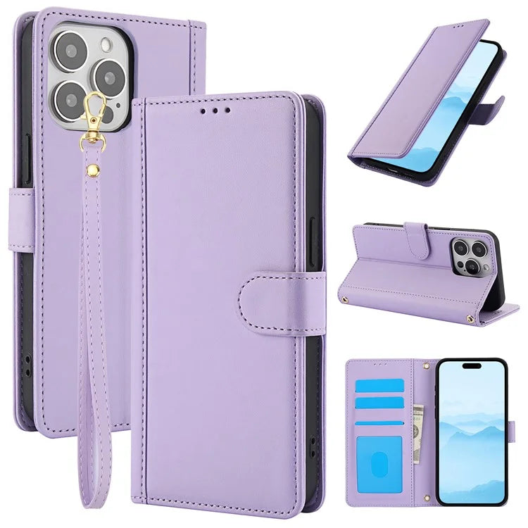 SY-003 For iPhone 16 Pro Max Case PU Leather Stand View Phone Wallet Cover with Hand Strap