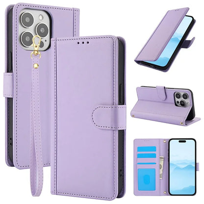 SY-003 For iPhone 16 Pro Max Case PU Leather Stand View Phone Wallet Cover with Hand Strap