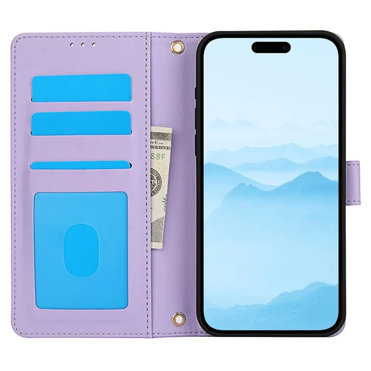 SY-003 For iPhone 16 Pro Max Case PU Leather Stand View Phone Wallet Cover with Hand Strap