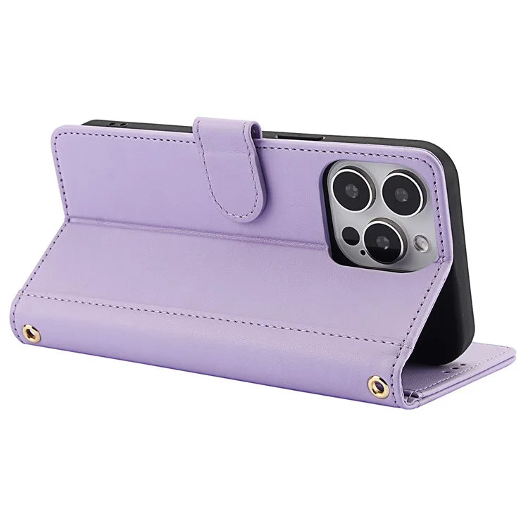 SY-003 For iPhone 16 Pro Max Case PU Leather Stand View Phone Wallet Cover with Hand Strap