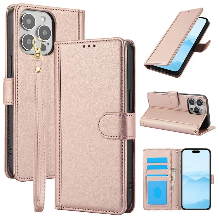 SY-003 For iPhone 16 Pro Max Case PU Leather Stand View Phone Wallet Cover with Hand Strap
