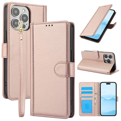 SY-003 For iPhone 16 Pro Max Case PU Leather Stand View Phone Wallet Cover with Hand Strap