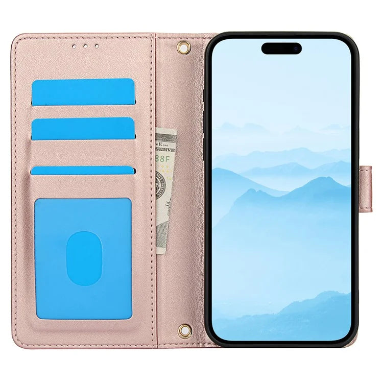 SY-003 For iPhone 16 Pro Max Case PU Leather Stand View Phone Wallet Cover with Hand Strap