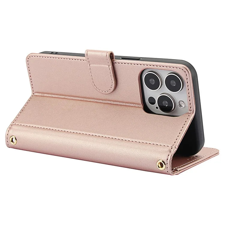 SY-003 For iPhone 16 Pro Max Case PU Leather Stand View Phone Wallet Cover with Hand Strap