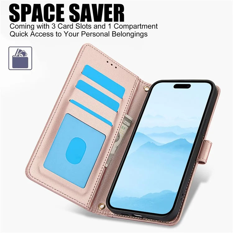 SY-003 For iPhone 16 Pro Max Case PU Leather Stand View Phone Wallet Cover with Hand Strap