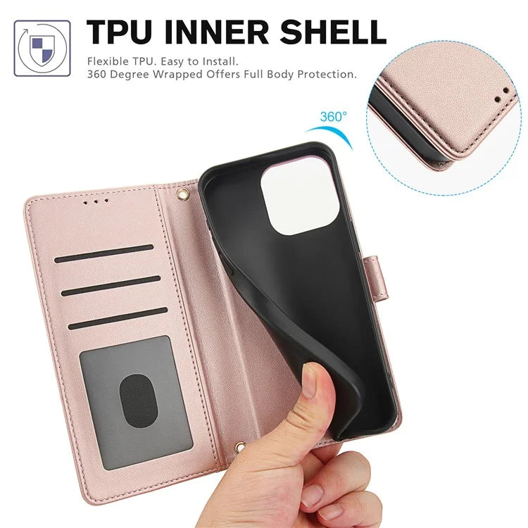 SY-003 For iPhone 16 Pro Max Case PU Leather Stand View Phone Wallet Cover with Hand Strap