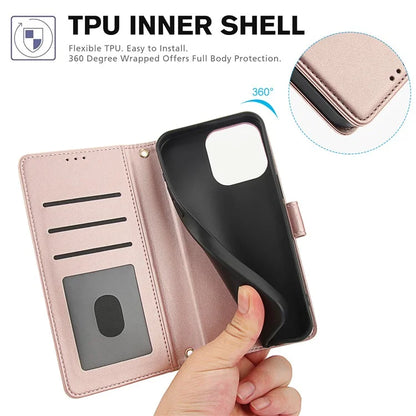 SY-003 For iPhone 16 Pro Max Case PU Leather Stand View Phone Wallet Cover with Hand Strap