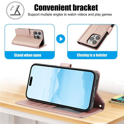 SY-003 For iPhone 16 Pro Max Case PU Leather Stand View Phone Wallet Cover with Hand Strap