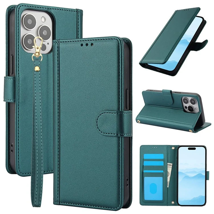 SY-003 For iPhone 16 Pro Max Case PU Leather Stand View Phone Wallet Cover with Hand Strap