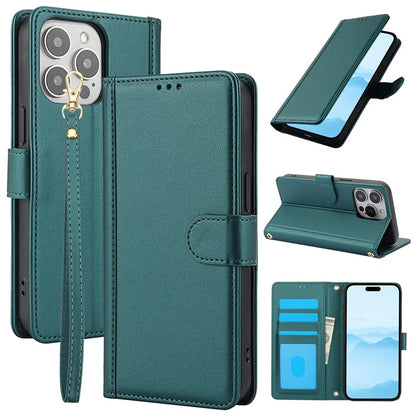 SY-003 For iPhone 16 Pro Max Case PU Leather Stand View Phone Wallet Cover with Hand Strap