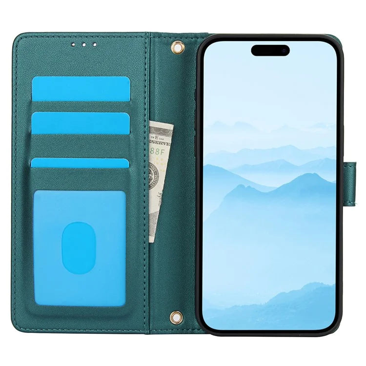 SY-003 For iPhone 16 Pro Max Case PU Leather Stand View Phone Wallet Cover with Hand Strap