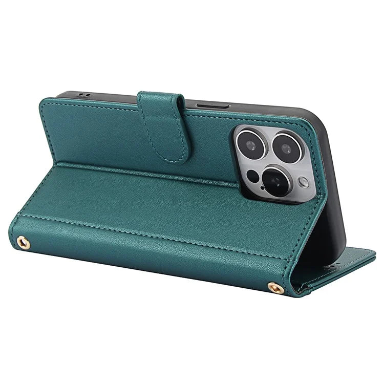 SY-003 For iPhone 16 Pro Max Case PU Leather Stand View Phone Wallet Cover with Hand Strap